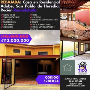 TICO CASAS - VENTA CASA SAN PABLO DE HEREDIA - REC ADOBE